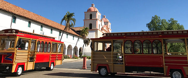 Santa Barbara trolley tour parked at the Mission 